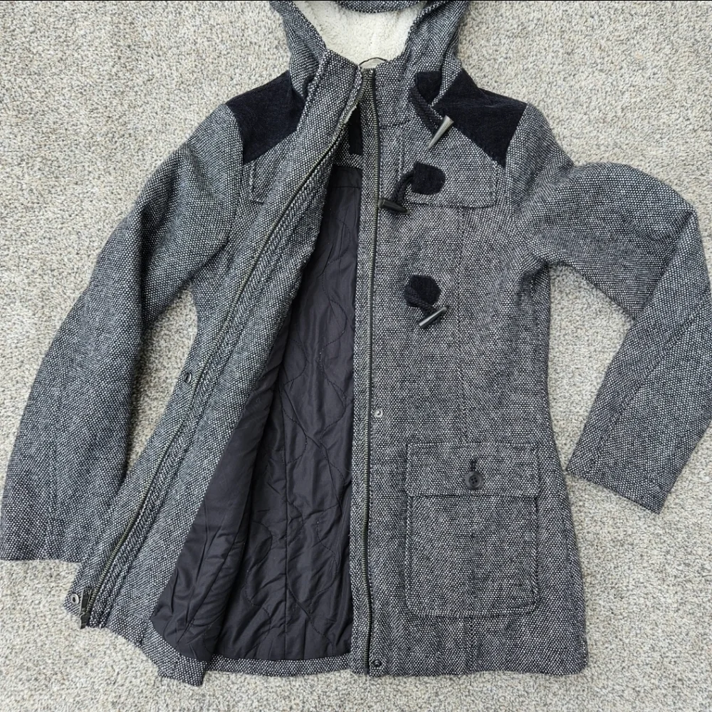 Prana Megan Black Tweed Duffle Wool Blend Jacket Sherpa Hood Toggle Womens XS